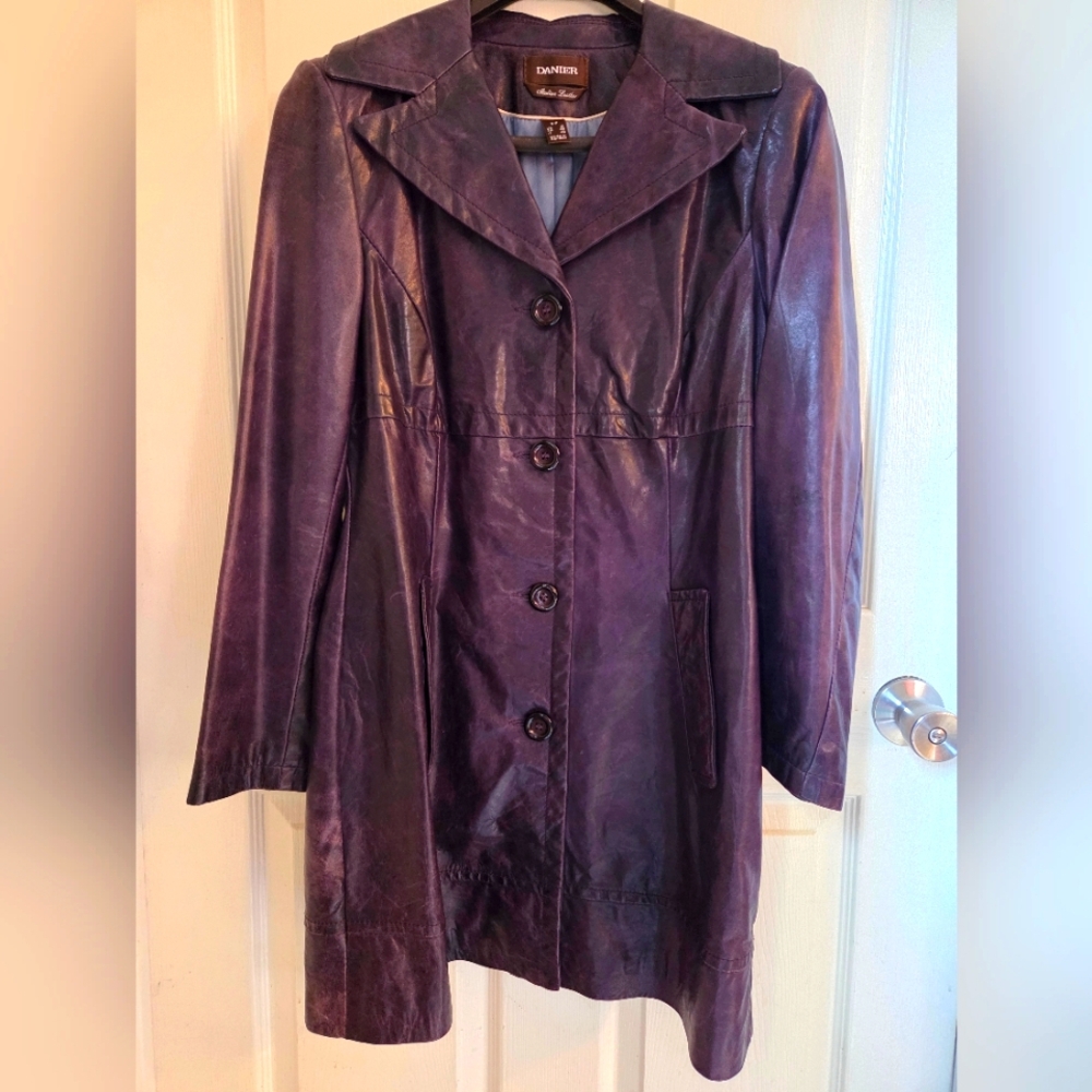 Danier Y2K Italian Leather Light Distressed Patina Purple Trench Coat
